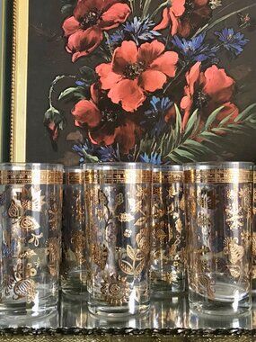 MCM Culver Chantilly Clear Glass Tumblers with Ornate 22k Raised Gold-Leaf